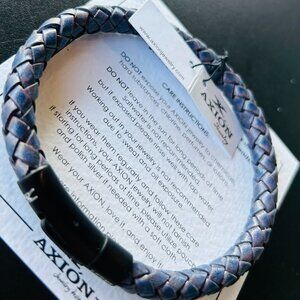 Handmade Axion Blue Braided Leather Men's Bracelet with Stainless Steel Clasps
